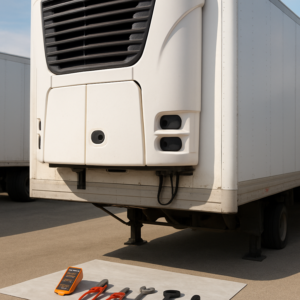 Refrigerated trailer front-mounted fridge unit with engineer's diagnostic tools