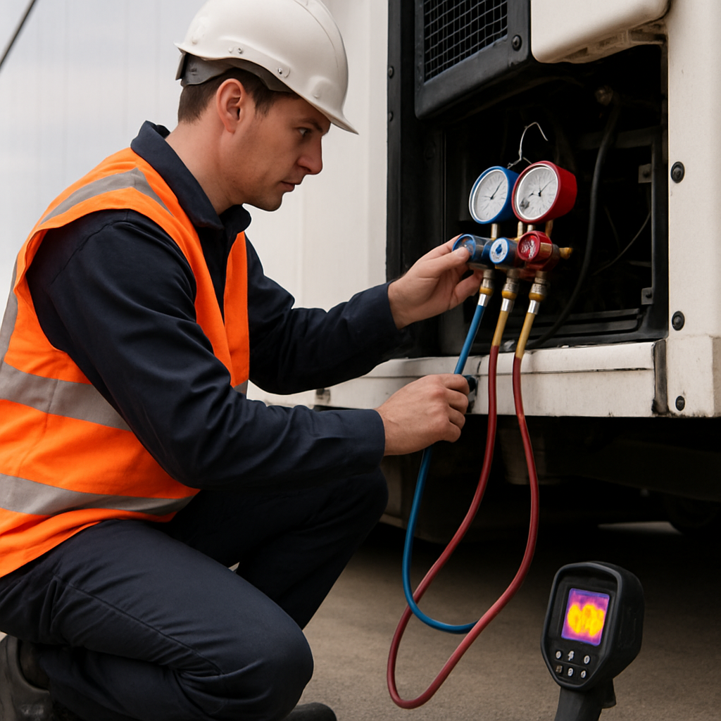 Engineer using manifold gauges on transport refrigeration unit