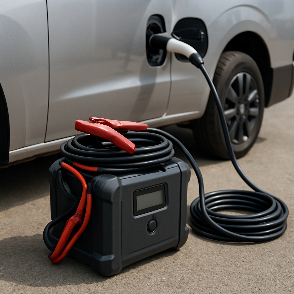 Portable mobile EV recharge unit beside an electric van's charge port