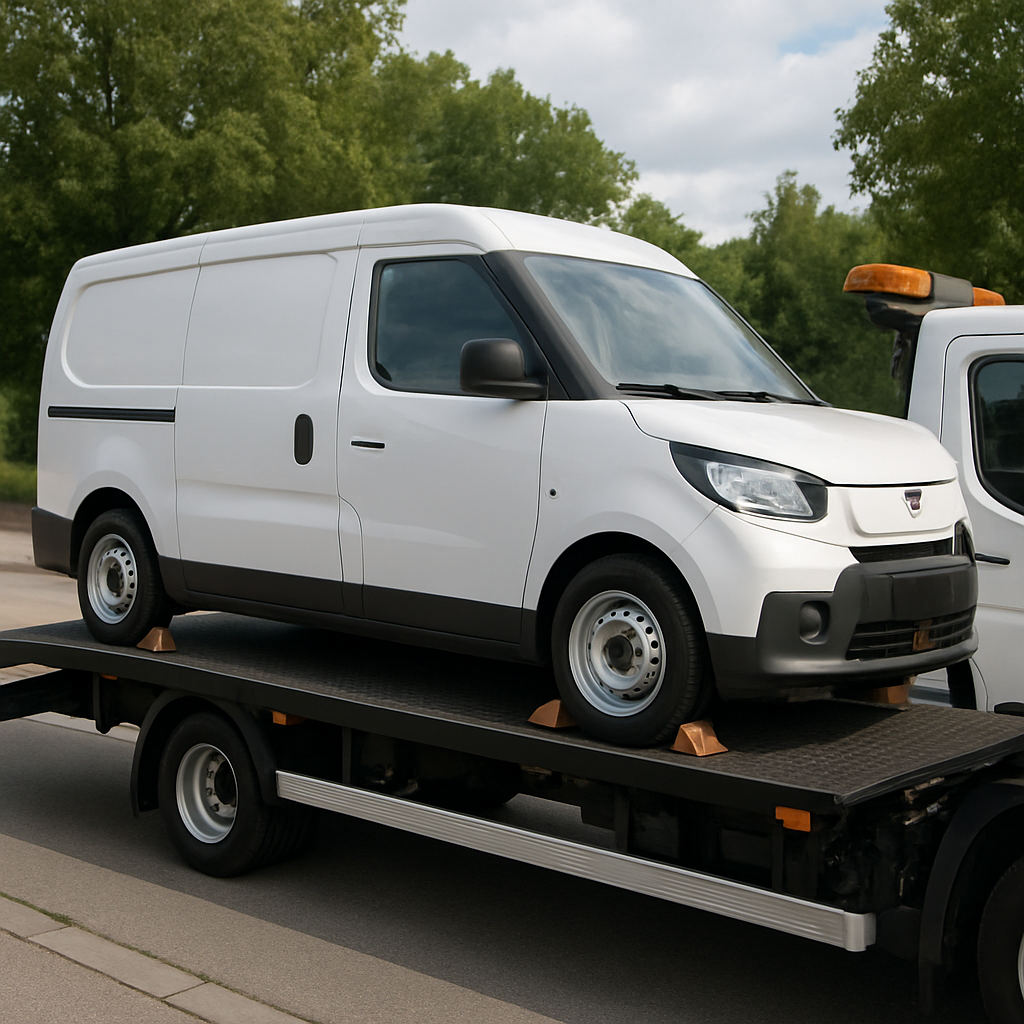 Flatbed recovery truck loading an electric panel van