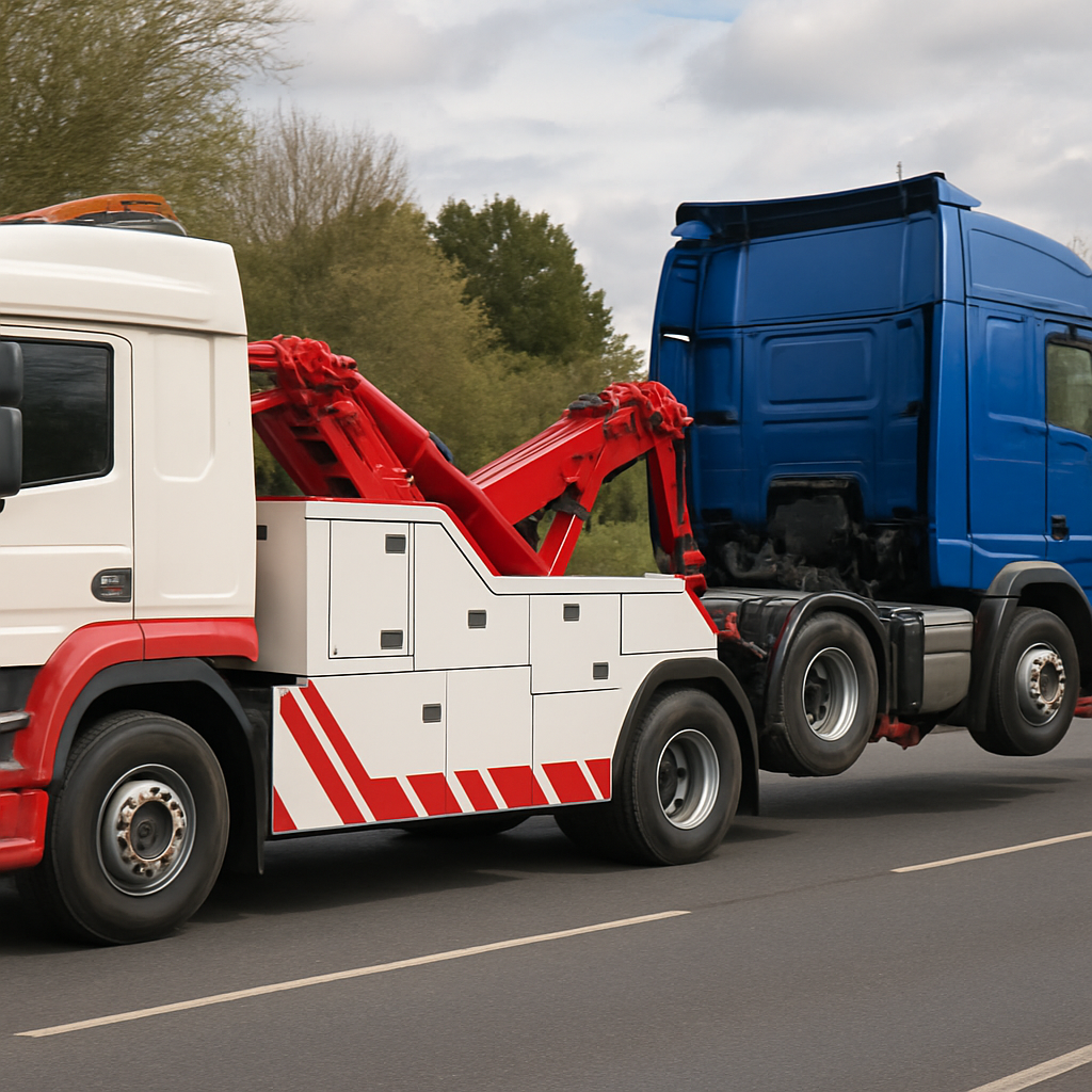 Prime mover recovery vehicle towing an articulated tractor unit