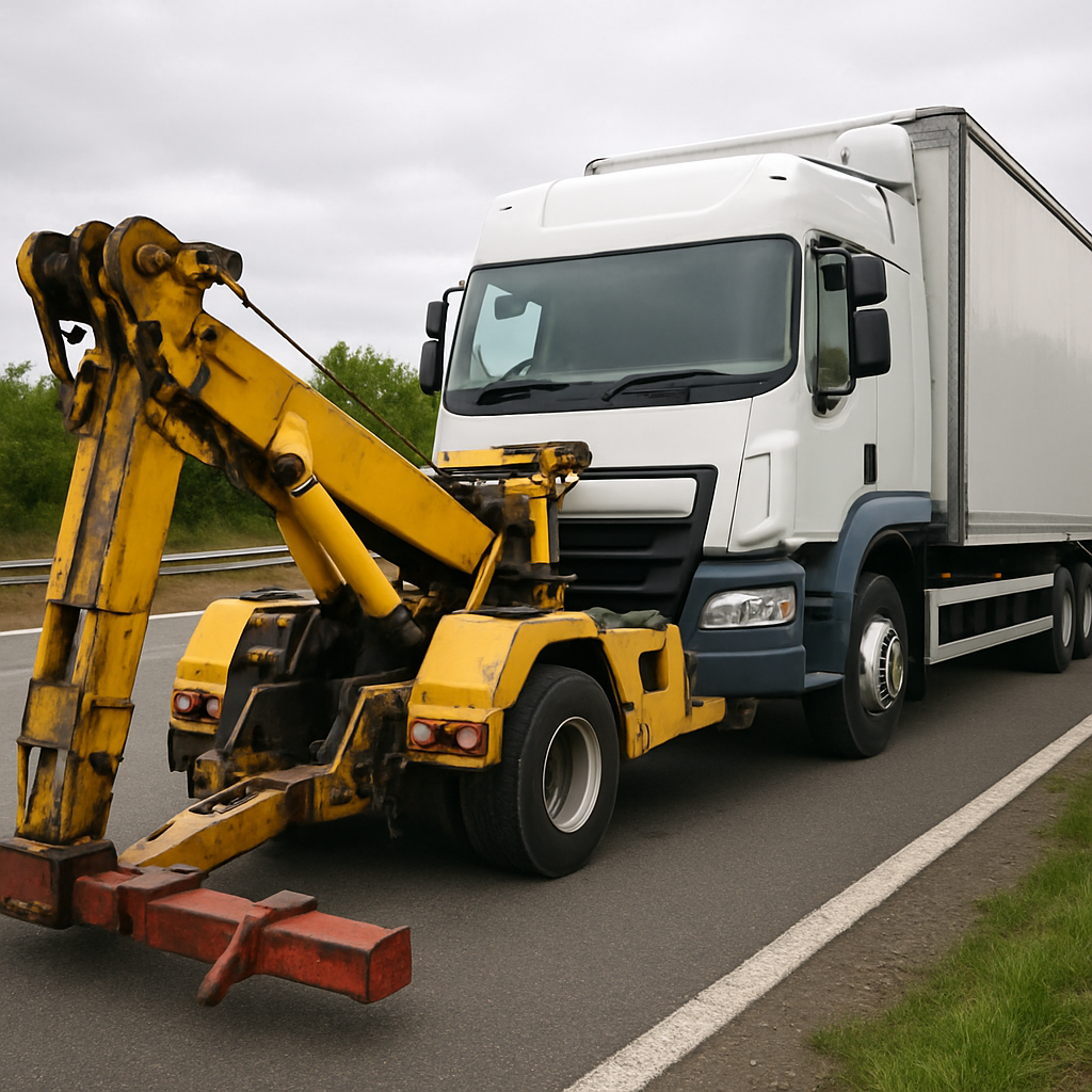 Heavy underlift attaching to the front axle of a 26-tonne HGV