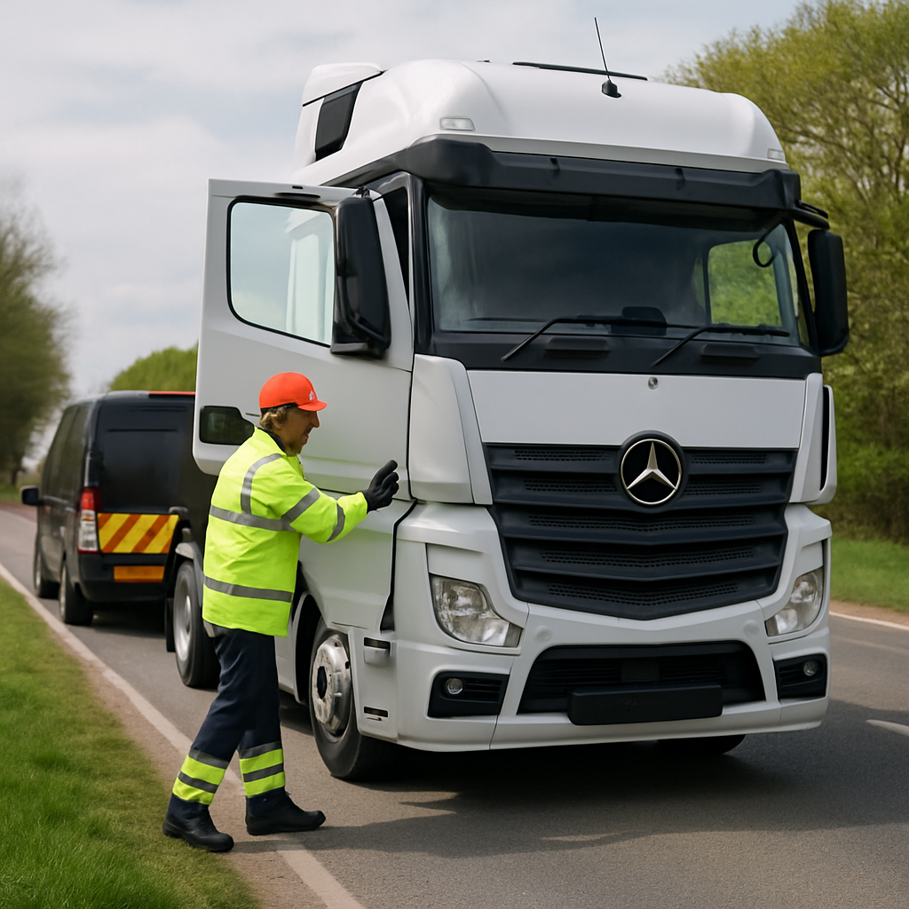 Mobile breakdown engineer working on an HGV at a UK roadside