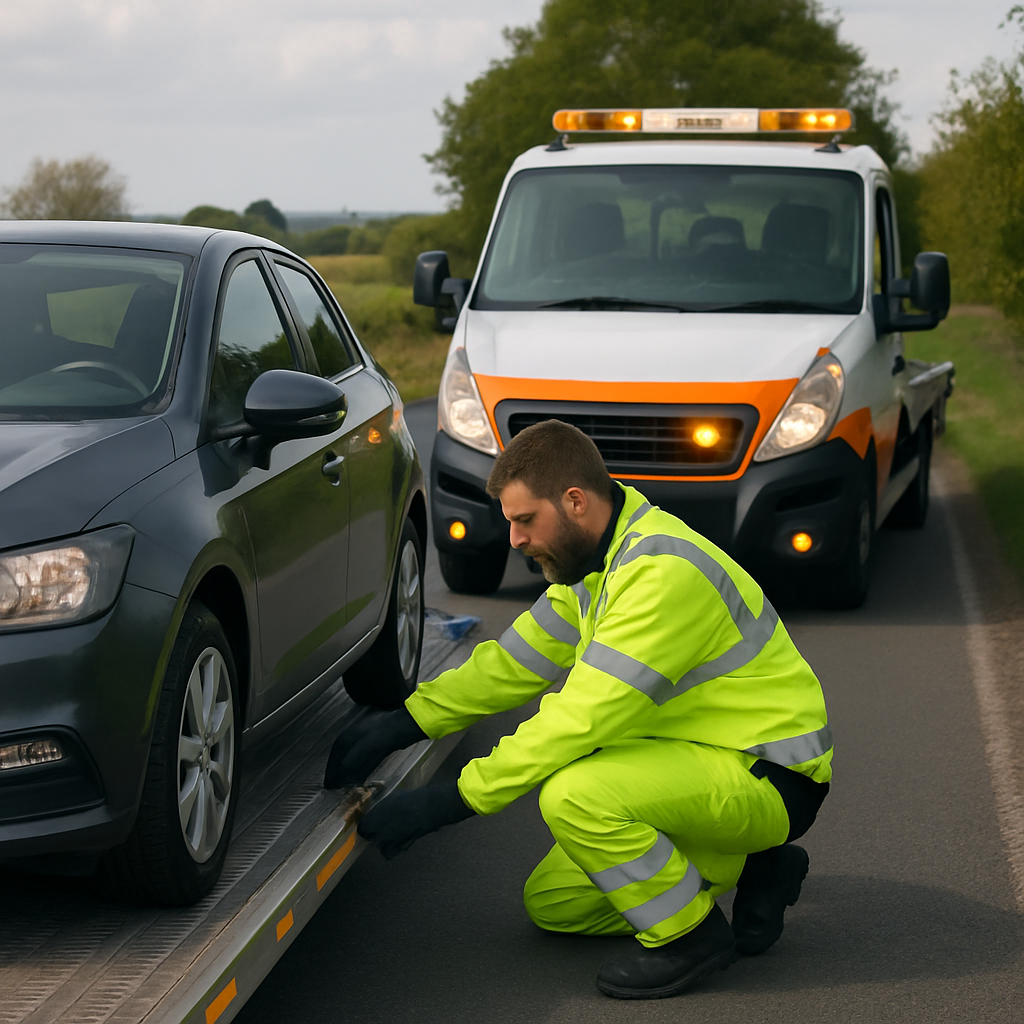 Recovery truck operator at casualty vehicle on rural UK A-road