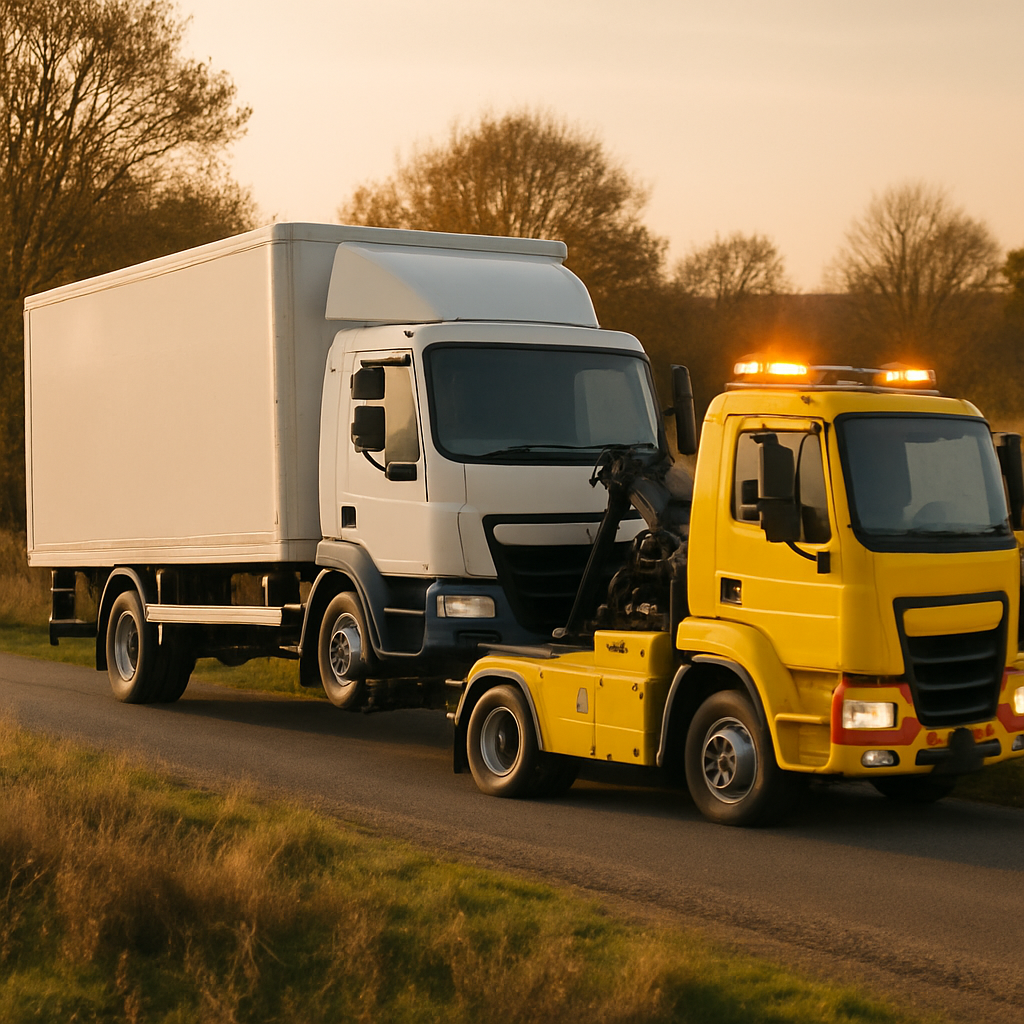 Underlift recovery truck loading 7.5t HGV in late afternoon
