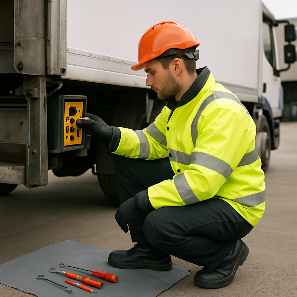 Mobile tail lift engineer examining control box on HGV body at depot