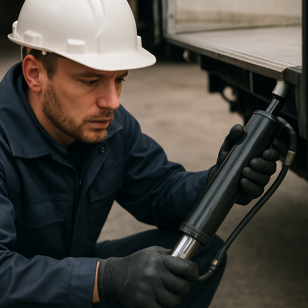 Engineer working on tail lift hydraulic ram cylinder