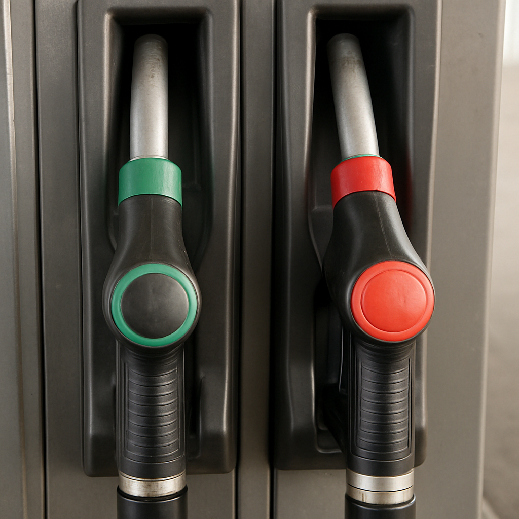 Diesel pump nozzle next to a car fuel filler — wrong fuel mistake